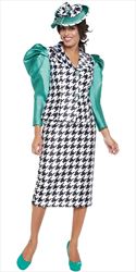 GMI G8692 - Black White Emerald -Womens Church Suit With Leg Of Mutton Sleeves In Hounds Tooth Pattern